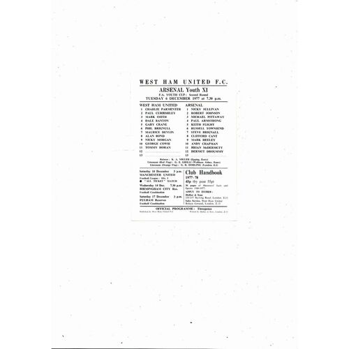 West Ham United v Arsenal FA Youth Cup Football Programme 1977/78