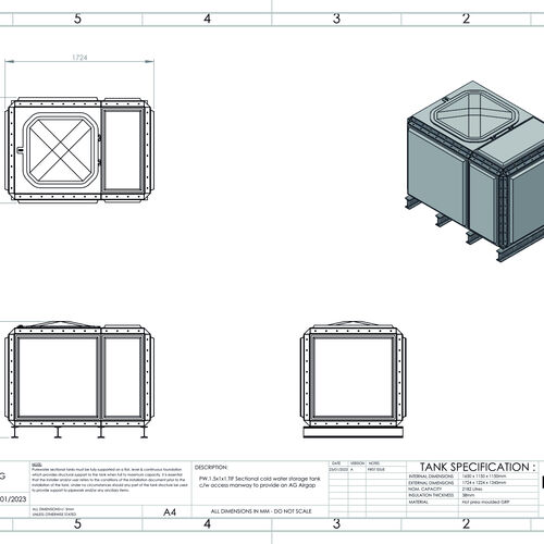 PW.1.5X1X1.TIF.AG - 2182 LITRE SECTIONAL WATER TANK, TOTALLY INTERNALLY FLANGED (TIF)