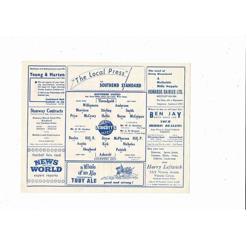 1957/58 Southend United v Coventry City Football Programme