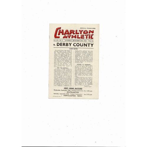 1952/53 Charlton Athletic v Derby County Football Programme