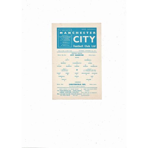 Manchester City v Chesterfield Central League Football Programme 1961/62
