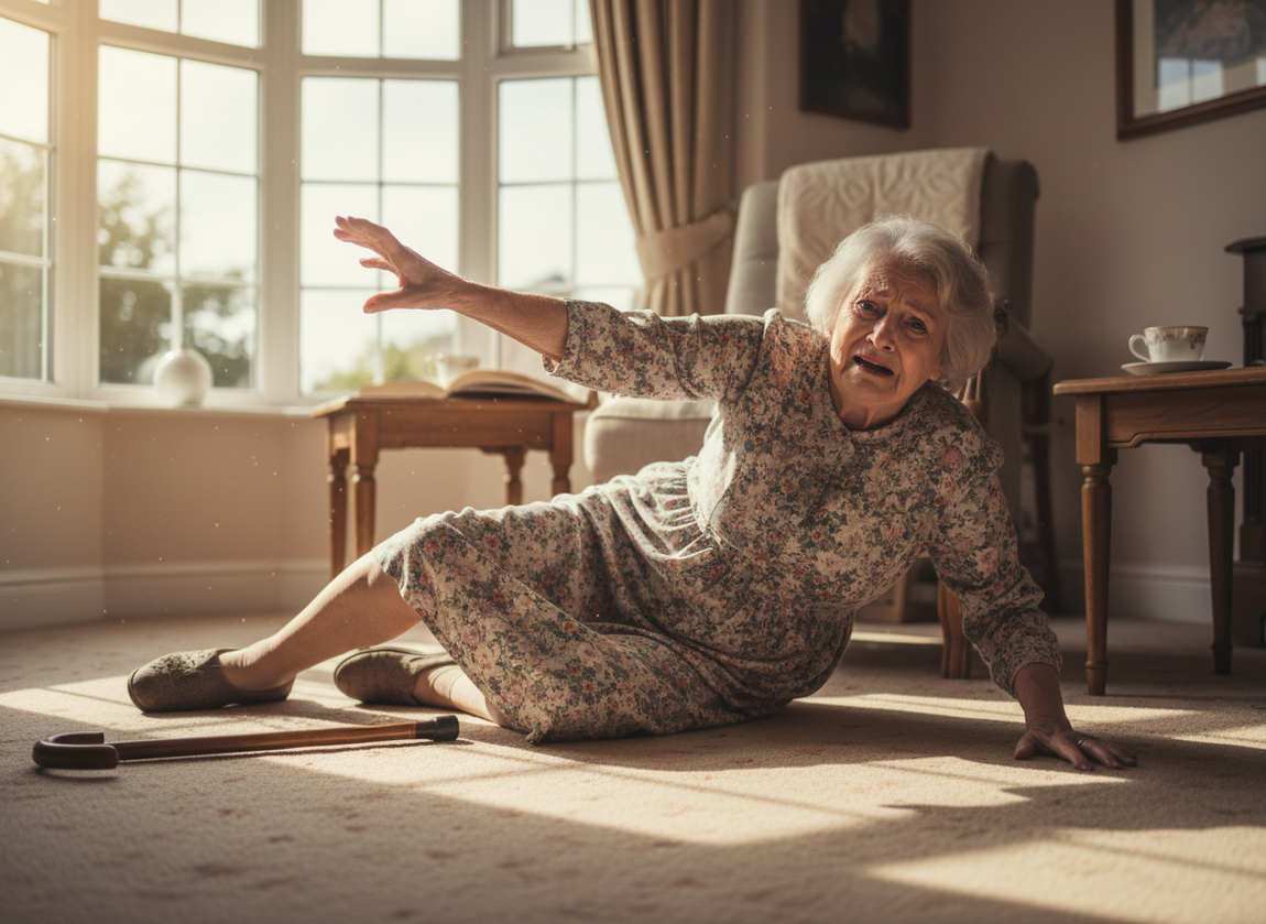 Elderly falls at home, Falls prevention Bristol, Senior fallen needs help, Elderly care after fall, Falls support Hanham, Home care falls prevention, Elderly person fallen alone.