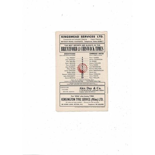 1972/73 Brentford v Cambridge United League Cup Football Programme