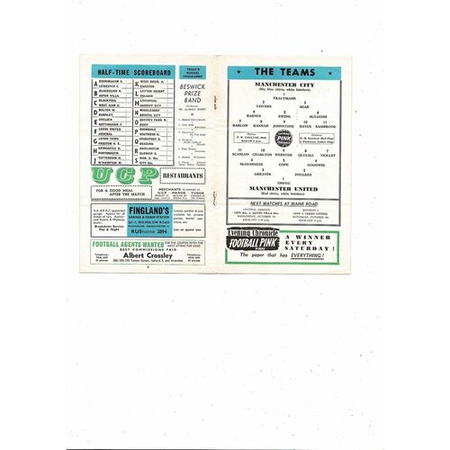 1958/59 Manchester City v Manchester United Football Programme