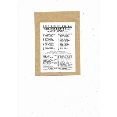 West Ham United v Tottenham Hotspur Football Combination Programme 1978/79