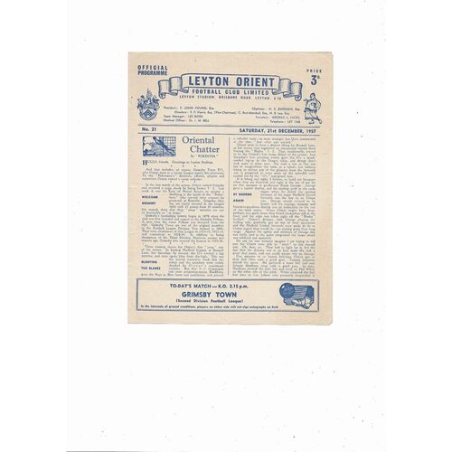 1957/58 Leyton Orient v Grimsby Town Football Programme