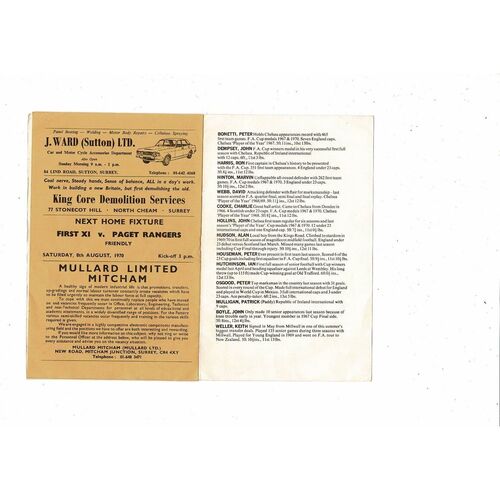 Sutton United v Chelsea Charity Match Football Programme 1970/71