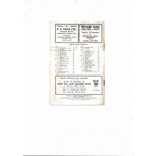 1958/59 Newport County v Accrington Stanley Football Programme