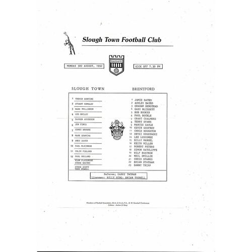 Slough Town v Brentford Friendly Football Programme 1992/93