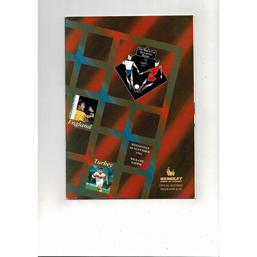 1992 England v Turkey Football Programme