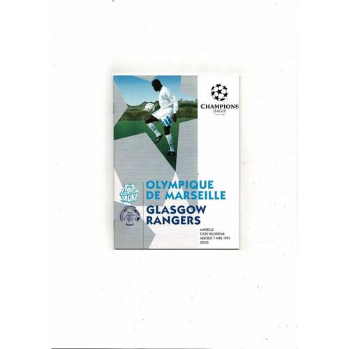 Olympique De Marseille v Glasgow Rangers UEFA Champions League Football Programme 1992/93