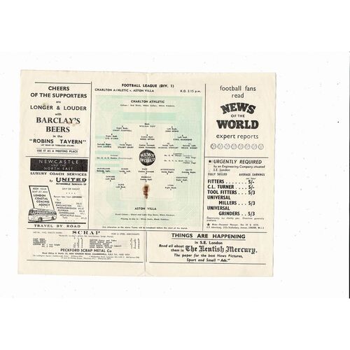 1956/57 Charlton Athletic v Aston Villa Football Programme