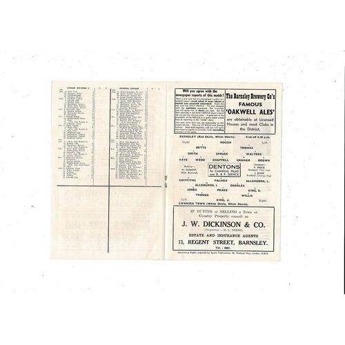 1956/57 Barnsley v Swansea Town Football Programme