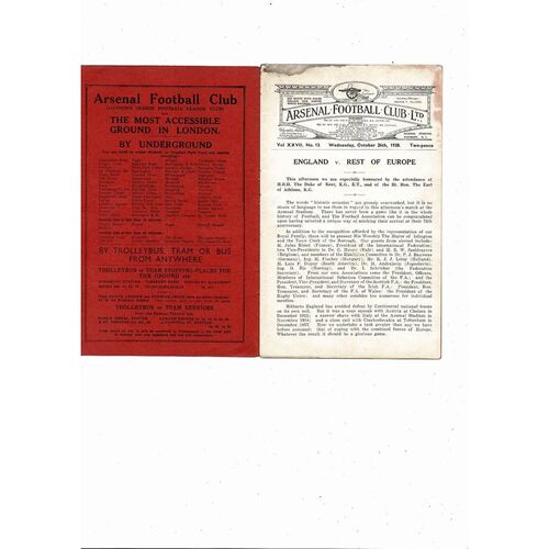 1938 England v Rest of Europe Football Programme @ Arsenal
