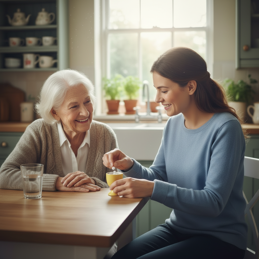 Younger carer placing tablets into a bright yellow egg cup for an older woman at a kitchen table, showing simple, gentle medication support at home in Bristol.