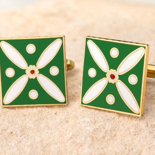 Cufflinks. The Persian Cross. White on Green with 1 Central Red Stone. Cufflinks.