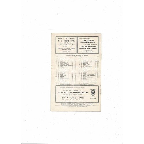 1954/55 Newport County v Walsall Football Programme