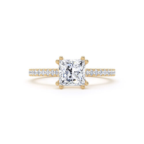 Princess cut double claw solitaire with diamond set shoulders