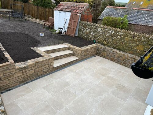 stone wall building Dorchester, landscaping in Dorchester. new patio with stone wall. garden entertaining