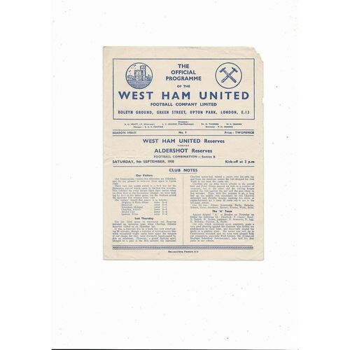 West Ham United v Aldershot Football Combination Football Programme 1950/51
