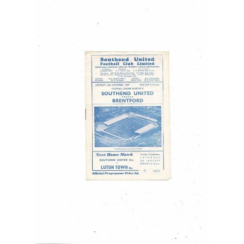 1959/60 Southend United v Brentford Football Programme