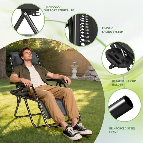 mcc direct Zero Gravity Reclining Chair Set of 2 – Folding Outdoor & Garden Chairs with Textilene Fabric, Cup Holder and Headrest Pillow – TEXTILENE