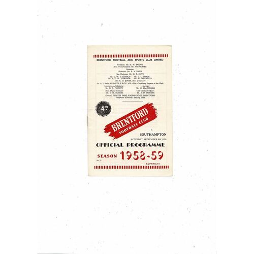 1958/59 Brentford v Southampton Football Programme