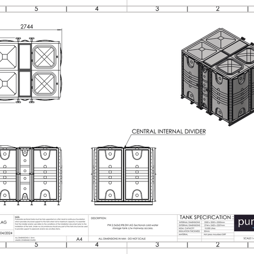 PW.2.5X2X2.IFB.DIV.AG(1+1) - 10000 LITRE DIVIDED SECTIONAL WATER TANK, INTERNALLY FLANGED BASE (IFB)