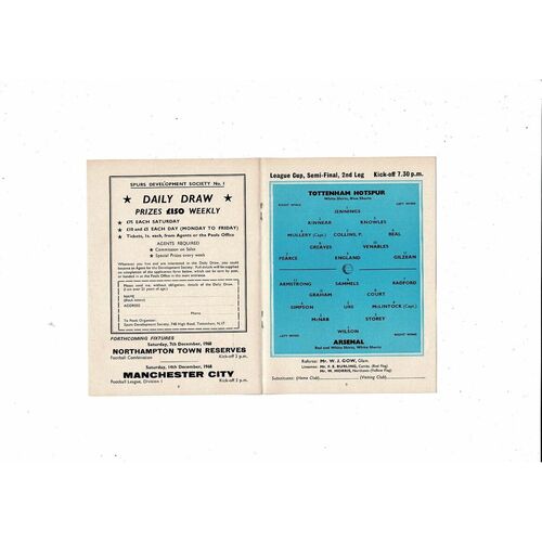 1968/69 Tottenham Hotspur v Arsenal League Cup Semi Final Football Programme