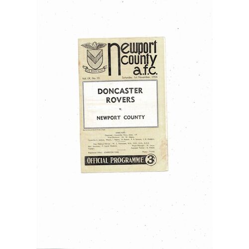 1958/59 Newport County v Doncaster Rovers Football Programmes