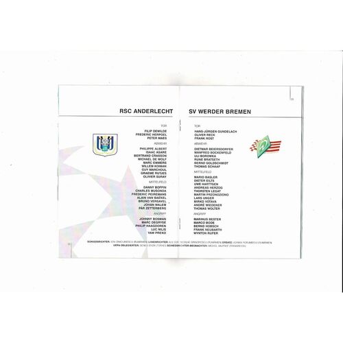Werder Bremen v Anderlecht UEFA Champions League Football Programme 1993/94