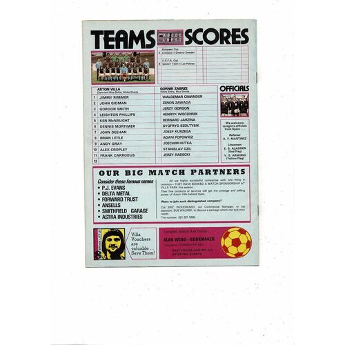 Aston Villa v Gornik Zabrze UEFA Cup Football Programme 1977/78