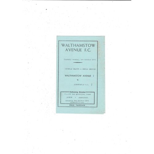 Walthamstow Avenue v Hornchurch FA Cup Football Programme 1964/65