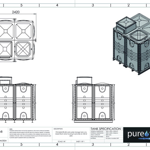 PW.2X2X2.IFB.AB - 8000 LITRE SECTIONAL WATER TANK, INTERNALLY FLANGED BASE (IFB) C/W FVH