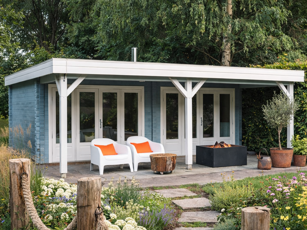 Elegant two-story timber house with a modern pitched roof and striking black and white design. The exterior features large triangular and rectangular windows framed in black, creating a contemporary and stylish look while maximizing natural light. A spacious covered veranda with black timber posts provides a comfortable outdoor seating area. The house is surrounded by a beautifully landscaped garden with lush greenery and decorative planters. Supplied by Lugarde and thoughtfully designed and installed by Forever Timber, this timber house seamlessly blends innovative design with exceptional craftsmanship for a luxurious and functional living space.