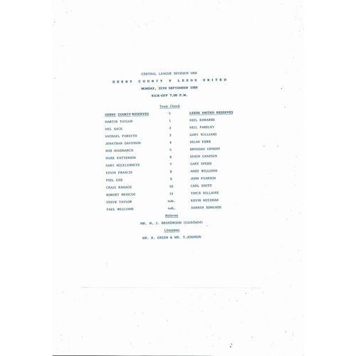 Derby County v Leeds United Central League Football Programme 1989/90