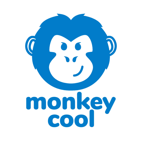 Blue monkey face logo with bold “monkey cool” text, playful design ideal for HTV (heat transfer vinyl) printing on apparel.