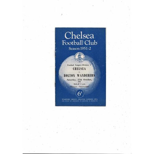 1951/52 Chelsea v Bolton Wanderers Football Programme