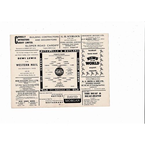 1959 Wales v England International Football Programme @ Cardiff City
