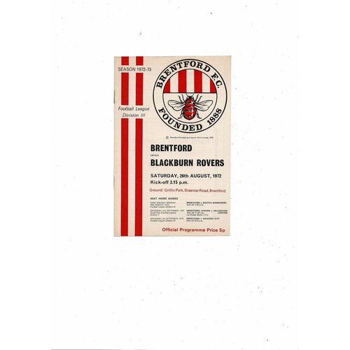 1972/73 Brentford v Blackburn Rovers Football Programme
