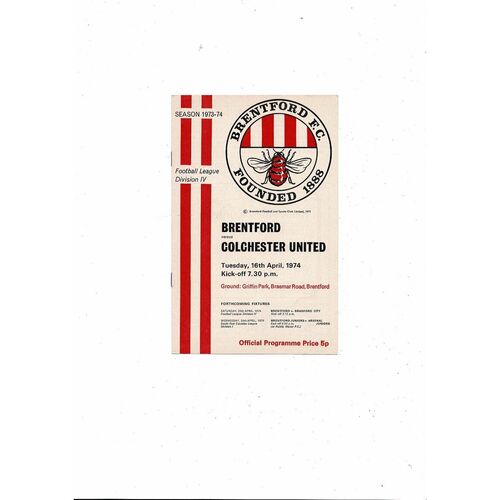 1973/74 Brentford v Colchester United Football Programme