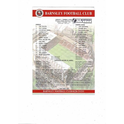 Barnsley v Tranmere Pontins League Football Programme 1998/99