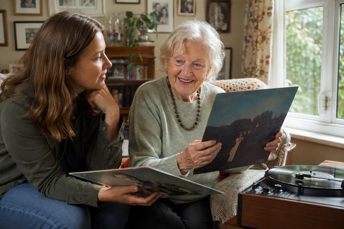 An older woman choosing a record to play with her Personal Assistant in a familiar sitting room.