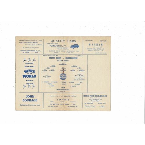 1959/60 Leyton Orient v Middlesbrough Football Programme