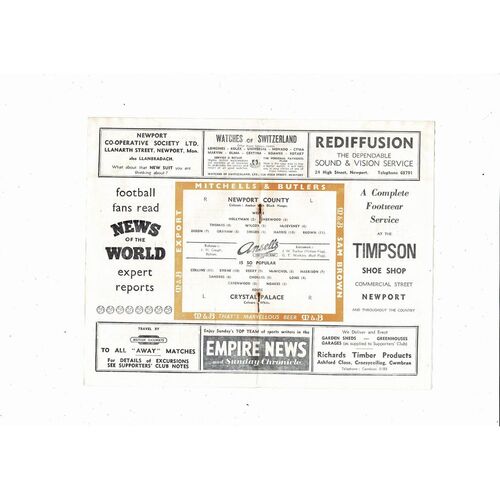 1957/58 Newport County v Crystal Palace Football Programme