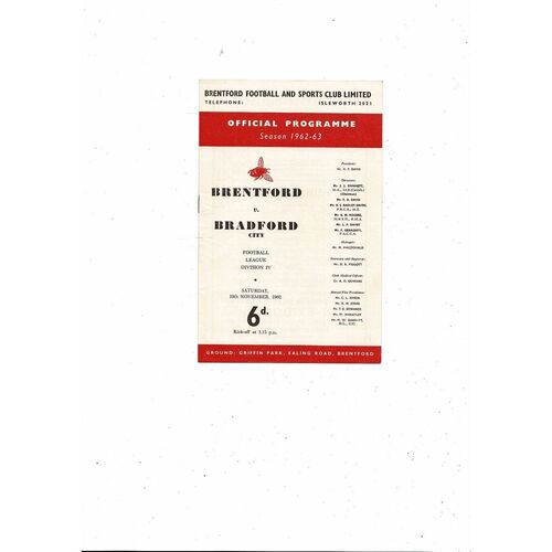 1962/63 Brentford v Bradford City Football Programme