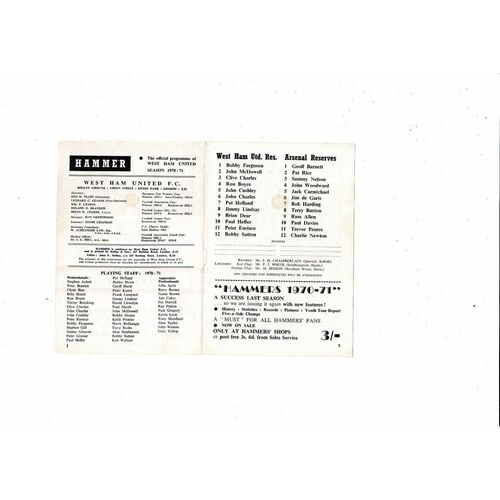 West Ham United v Arsenal Combination Cup Final Football Programme 1970/71