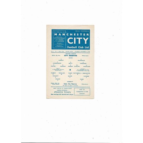 Manchester City v Stoke City Central League Football Programme 1962/63