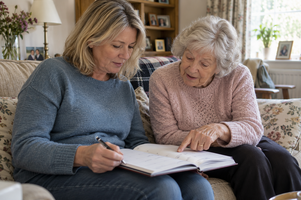 A mother and daughter looking through a diary together at home.