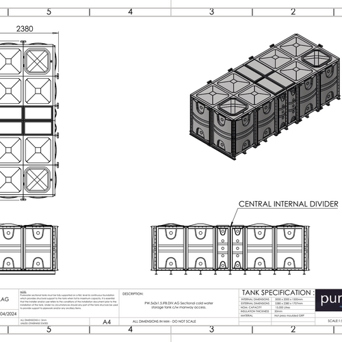 PW.5X2X1.5.IFB.DIV.AG(2.5+2.5) - 15000 LITRE DIVIDED SECTIONAL WATER TANK, INTERNALLY FLANGED BASE (IFB)